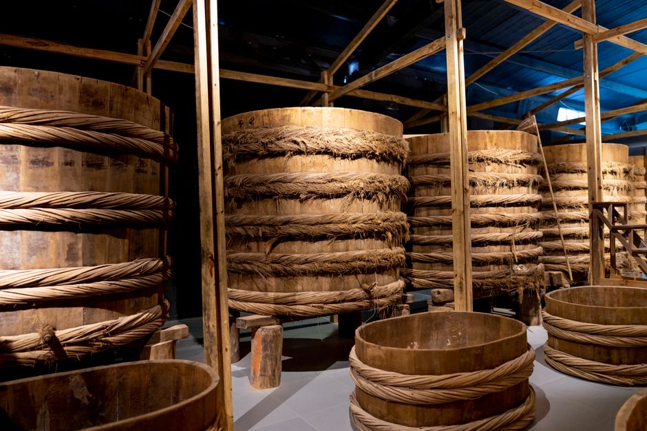 Käselaibe auf Holzbrettern in einem kühlen Reiferaum